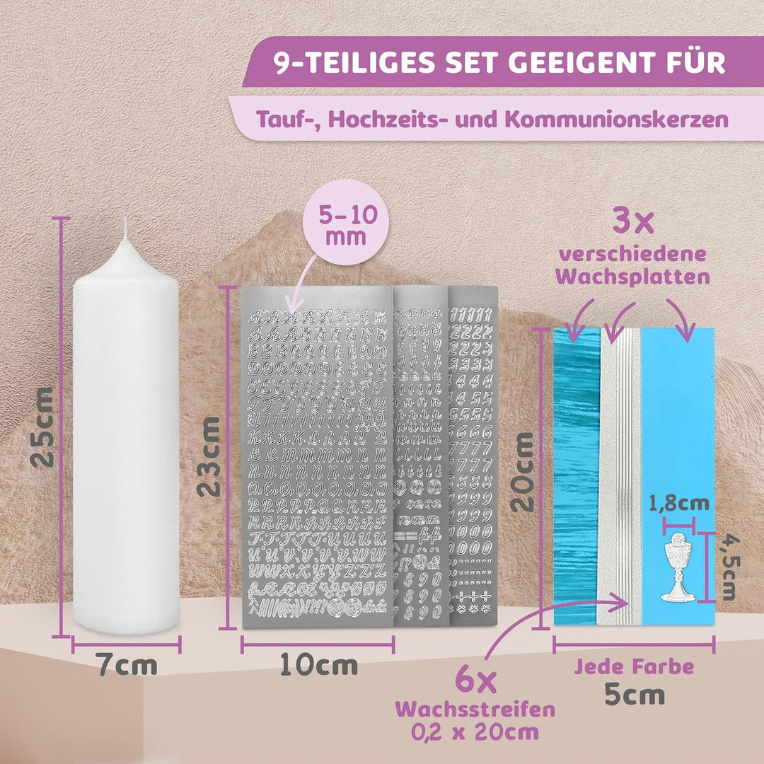 WIKAKERZEN Taufkerze selber Machen Set mit Kerzen-Rohling Buchstaben und Wachsplatten mit Wachsmotiv