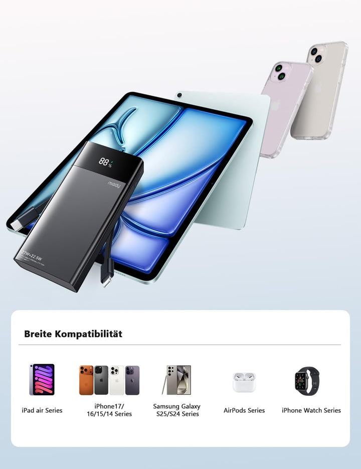 Miady Powerbank 20000mAh, 27W Schnellladen mit Integrietem USB-C Kabel, Externe Handyakkus kompatibe