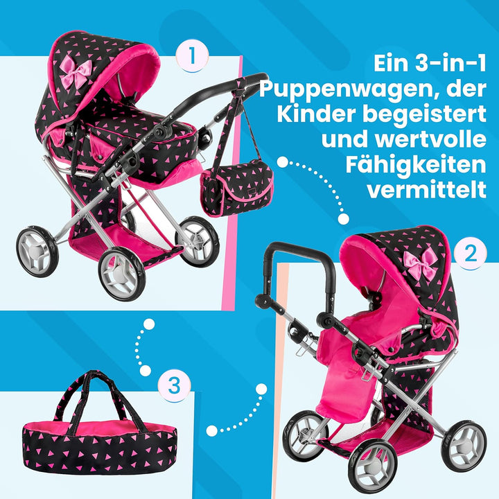 Kinderplay Puppenwagen ab 1 2 3 Jahre Kinderwagen Spielzeug - 3 in 1, Puppenwagen mit Herausnehmbare