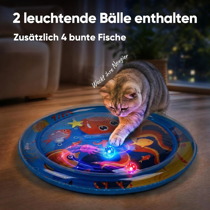 Supet Sensorische Wassermatte Katze mit schwimmenden Fischen und 2 Spielbällen, Verdickte Kühlmatte