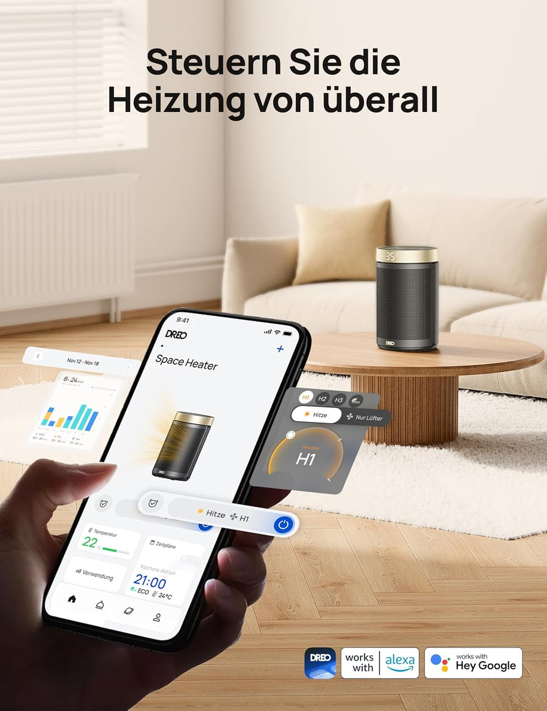 Dreo Elektroheizer, 1500W energiesparender leiser Raumheizer, tragbare Keramik-Fan-Heizer, Thermosta