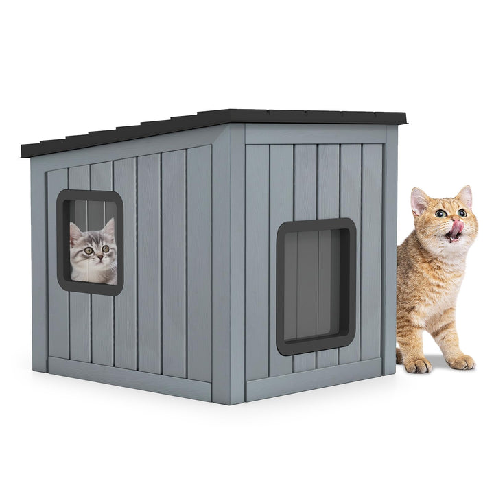 COSTWAY Katzenhaus Outdoor Winterfest, Isolierte Katzenhütte für Winter, Katzenhöhle mit 2 PVC-Türen