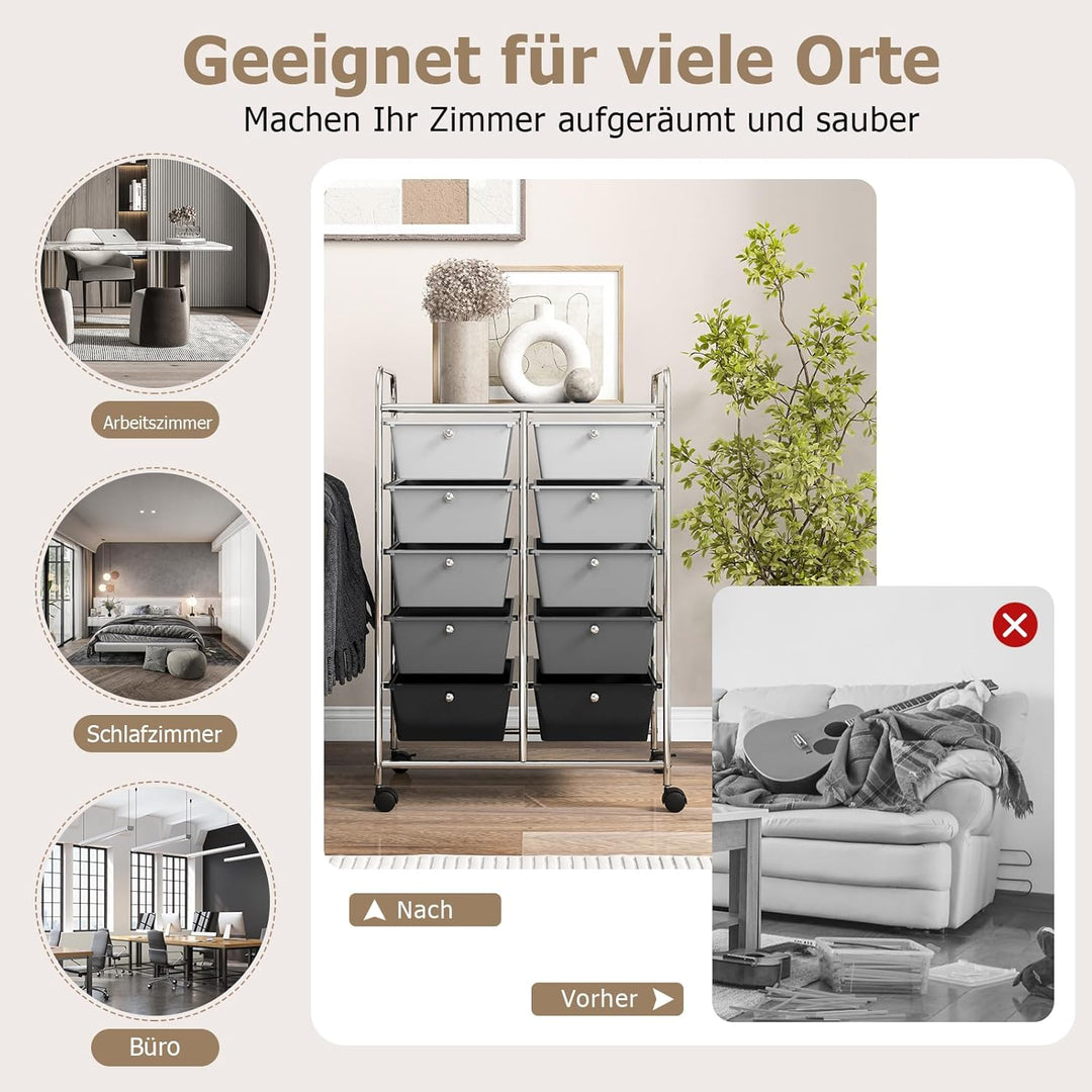 GOPLUS Rollwagen mit 10 Schubladen stapelbar, Rollcontainer mit Ablage & Metallgestell, Badregal, Au