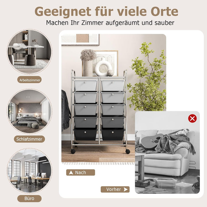 GOPLUS Rollwagen mit 10 Schubladen stapelbar, Rollcontainer mit Ablage & Metallgestell, Badregal, Au