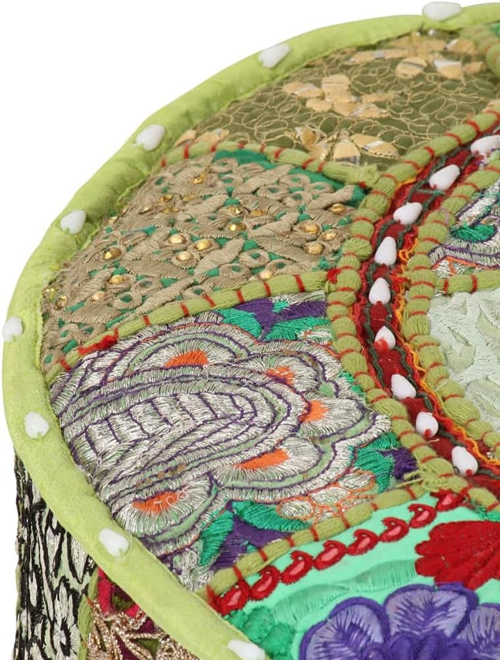 Patchwork-Fusshocker mit Exquisiten Stickereien Besetzt, Handgefertigt Patchwork Rund Puffhocker Fus