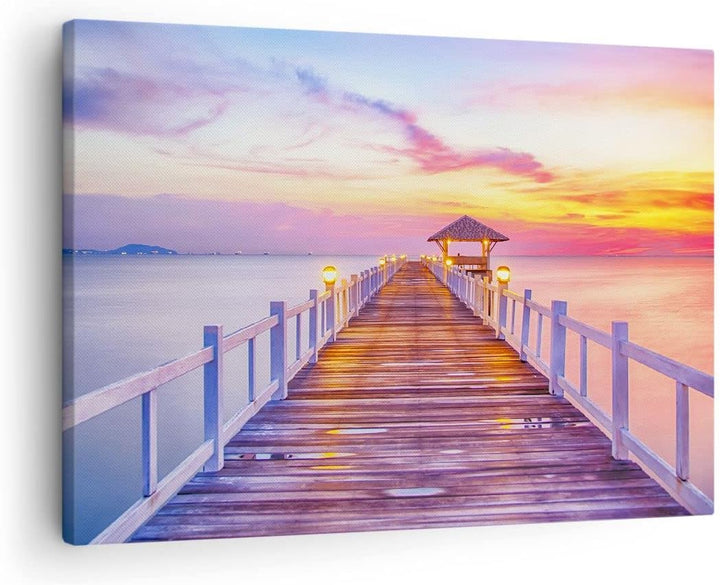 Bilder auf Leinwand Sonnenuntergang Wasser Brücke Horizont Leinwandbild 70x50cm Wandbilder Dekoratio