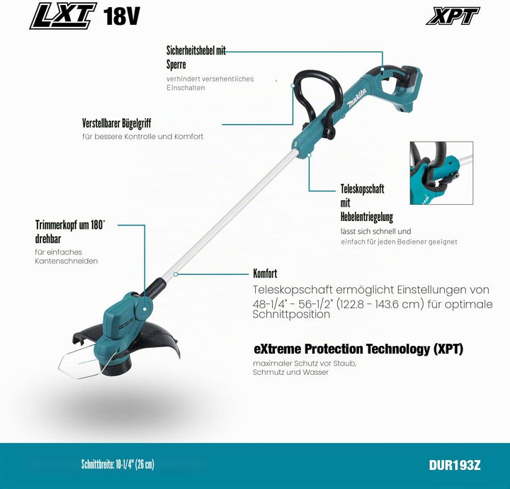 Makita DUR193Z Akku-Rasentrimmer 18V (ohne Akku, ohne Ladegerät) Single, Single