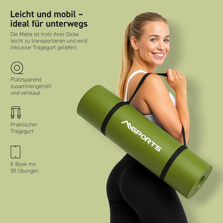 MSPORTS Gymnastikmatte Premium inkl. Tragegurt + Übungsposter + Workout App I Hautfreundliche Fitnes