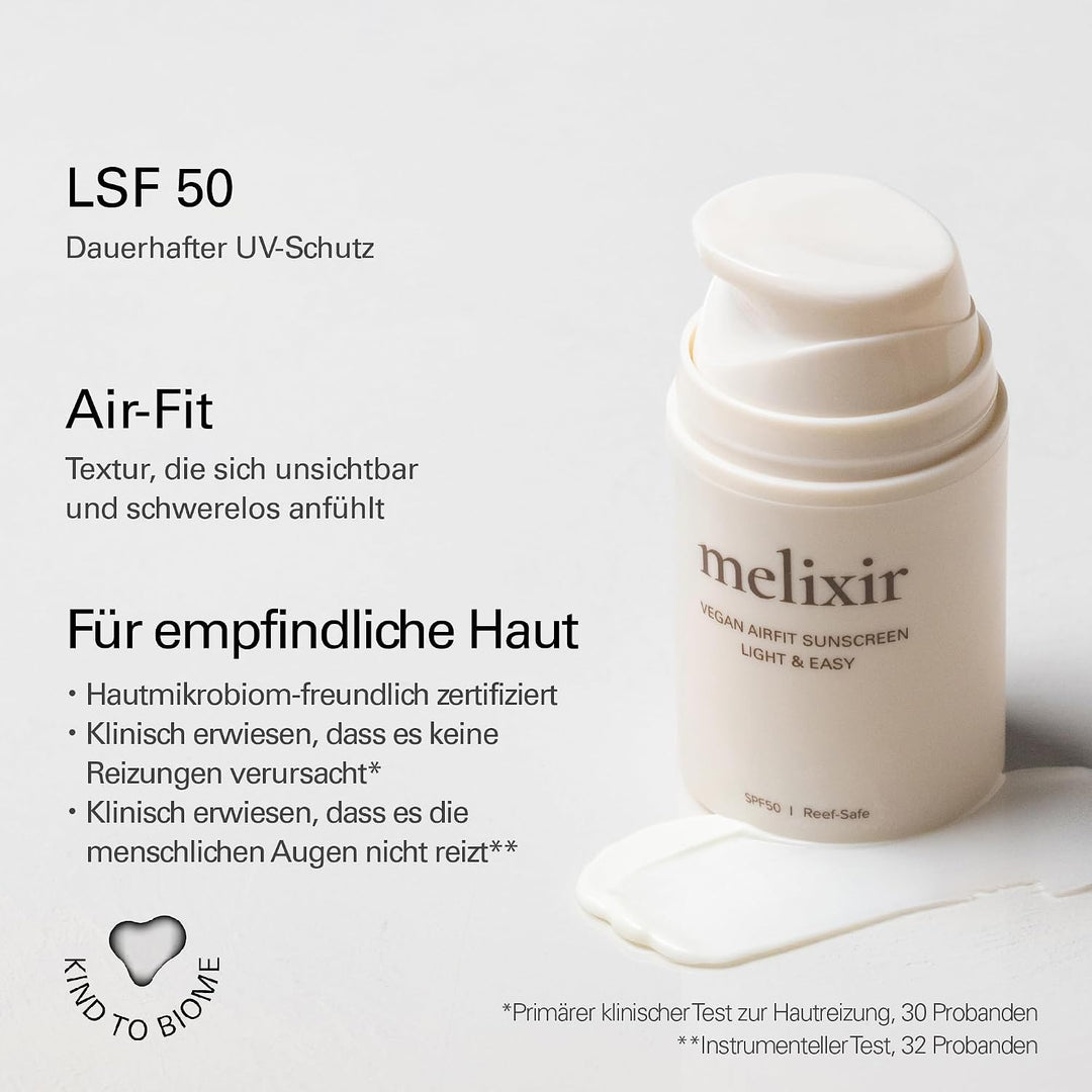 Melixir Veganer Airfit-Sonnenschutz LSF 50, koreanischer Sonnenschutz für das Gesicht, feuchtigkeits