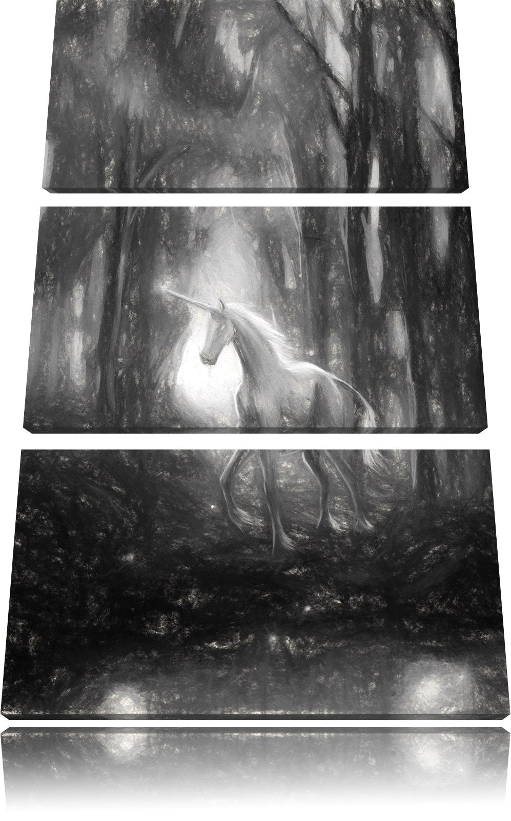 Pixxprint Einhorn im Zauberwald / 3-Teilig/Gesamtmass 120cm Leinwandbild bespannt auf Holzrahmen/Wan
