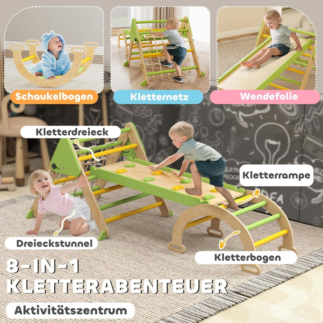 AIYAPLAY 8-in-1 Montessori Klettergerüst Indoor Holz Kletterdreieck mit Kletterbogen, doppelseitiger