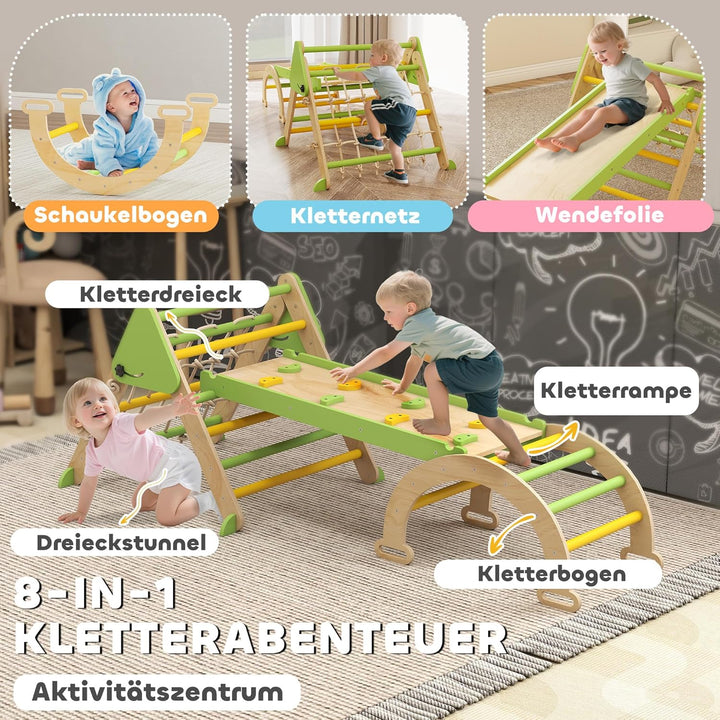 AIYAPLAY 8-in-1 Montessori Klettergerüst Indoor Holz Kletterdreieck mit Kletterbogen, doppelseitiger