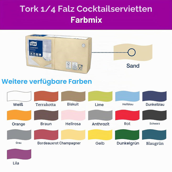 Tork Serviette Cocktail ivoire, pliage 1/4 2 plis, 24 cm x 24 cm, 12 x 200 serviettes, 477828 Sand 1