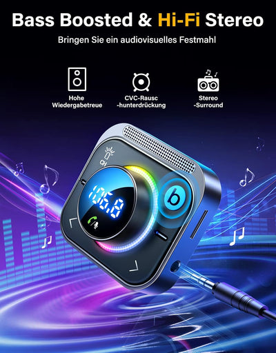 JOYROOM Bluetooth 5.3 Adapter Auto,【Bass Boosted & Hi-Fi Stereo】Musik FM Transmitter ,【30W PD & Dual