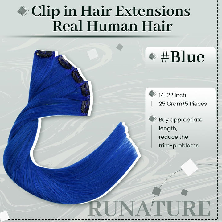 RUNATURE Clip in Extensions Echthaar Blau 55cm Remy Clip Echthaar Extensions Glatt Haar Clip in Haar