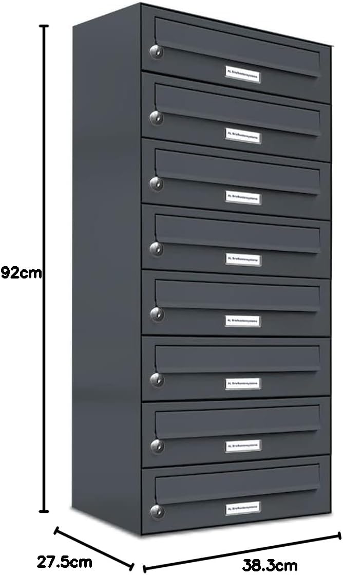 AL Briefkastensysteme 8 er Briefkastenanlage Anthrazit Grau RAL 7016, Premium Briefkasten DIN A4, 8