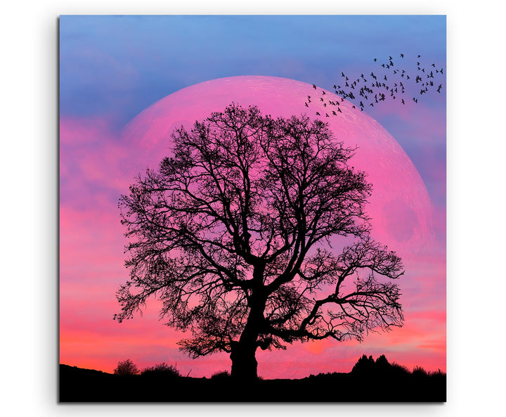 Wandbild 90x90cm Collage – Baum Silhouette vor Supermond auf Leinwand für Wohnzimmer, Büro, Schlafzi