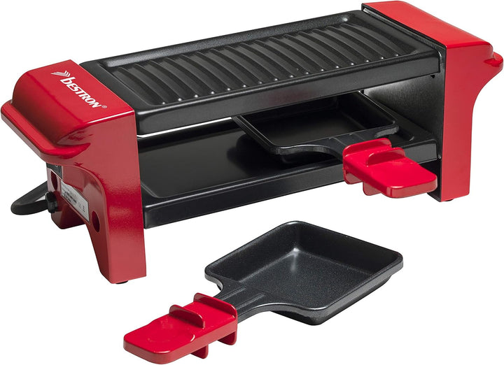 Bestron Raclette für 1 bis 2 Personen, Mini Tischgrill mit zwei Pfännchen und zwei Holzschabern, 350