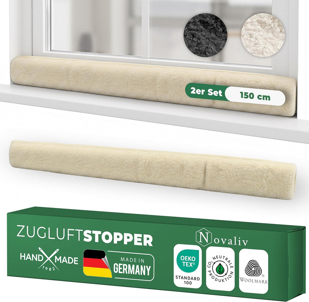 Zugluftstopper für Fenster 150cm Natur Schurwolle – stoppt Zugluft & Kälte, dämpft Lärm/Staub/Licht,