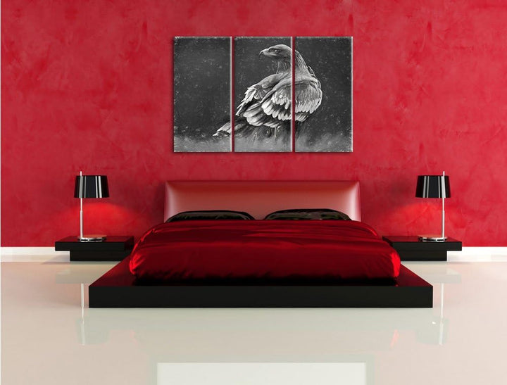 Pixxprint Einsamer Falke mit braunem Gefieder Kunst Kohle Effekt 3-Teiler Leinwandbild 120x80 Bild a