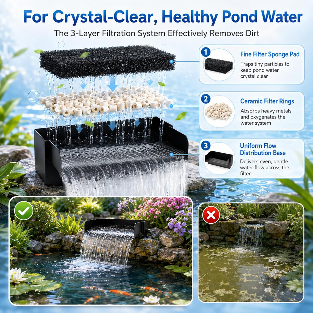 30 cm Wasserfall teich Set, mit 45w 2000L/H Wasserfallpumpe &amp; Filterkäfig, Edelstahl-Wasserfall mit