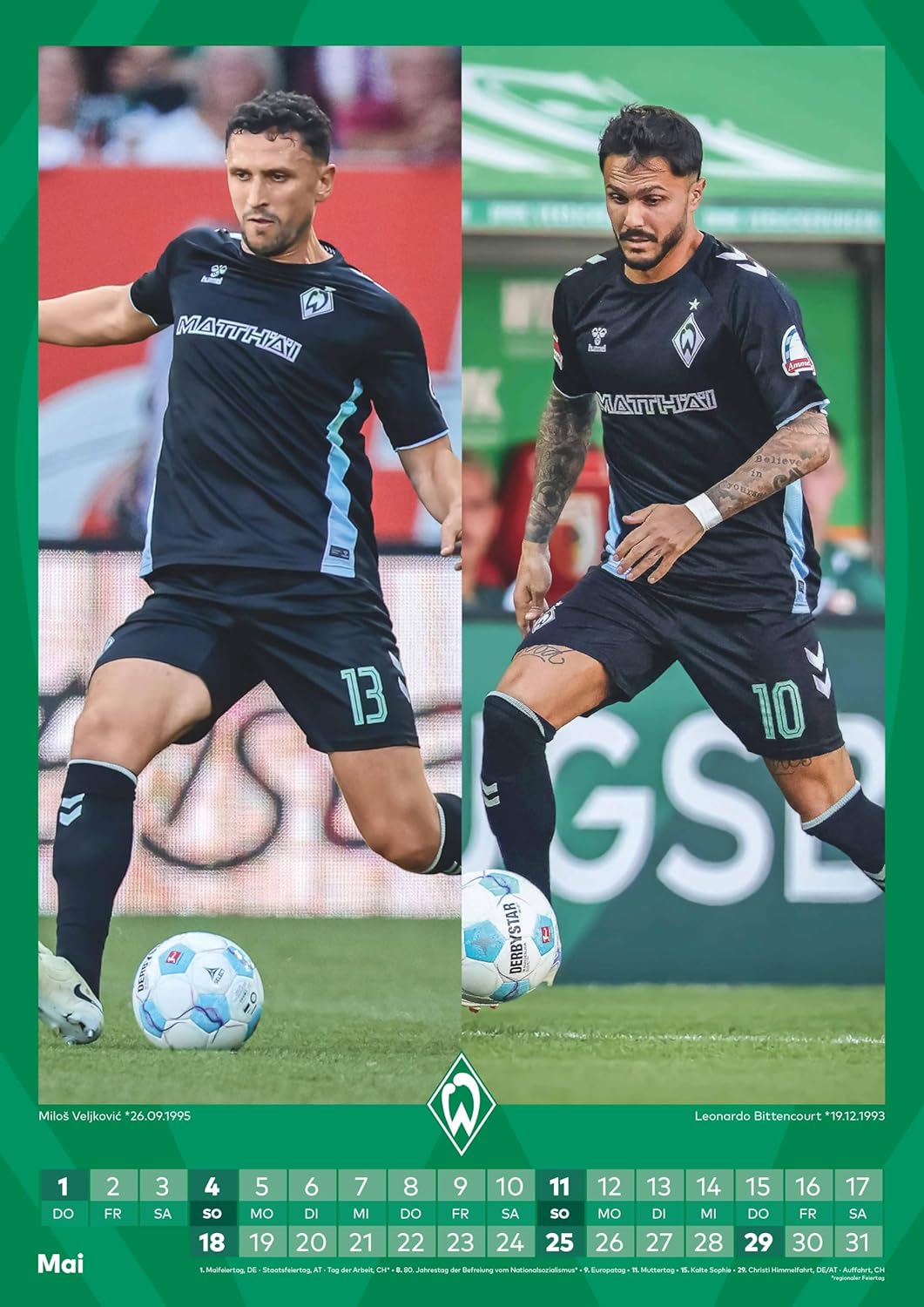 N NEUMANNVERLAGE - Werder Bremen 2025 Wandkalender, 29,7x42cm, Fussball-Kalender mit Motiven der Sta