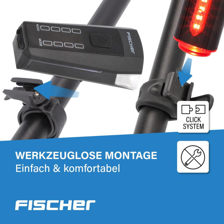 FISCHER Fahrrad-Beleuchtungsset, Front- und Rückleuchte, mit Akku, USB-Ladefunktion und Leuchtfunkti