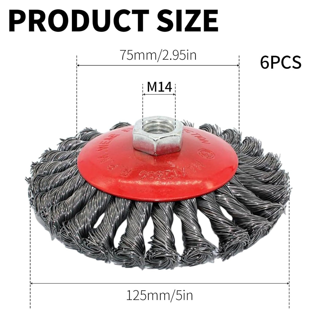 6 Stück Drahtbürste Winkelschleifer, Ø125 mm Flex Topfbürste Winkelschleifer M14 Stahlbürste Kegelbü