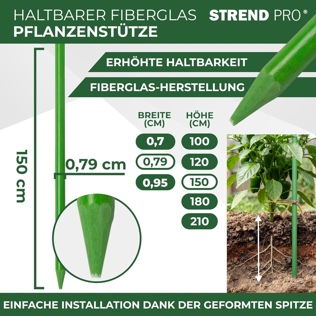 STREND PRO Pflanzstäbe 150 cm - 25 STK. | Ø 7.9 mm Fiberglas Rankstab Grün | Pflanzenstütze & Rankhi