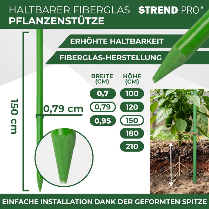 STREND PRO Pflanzstäbe 150 cm - 25 STK. | Ø 7.9 mm Fiberglas Rankstab Grün | Pflanzenstütze & Rankhi