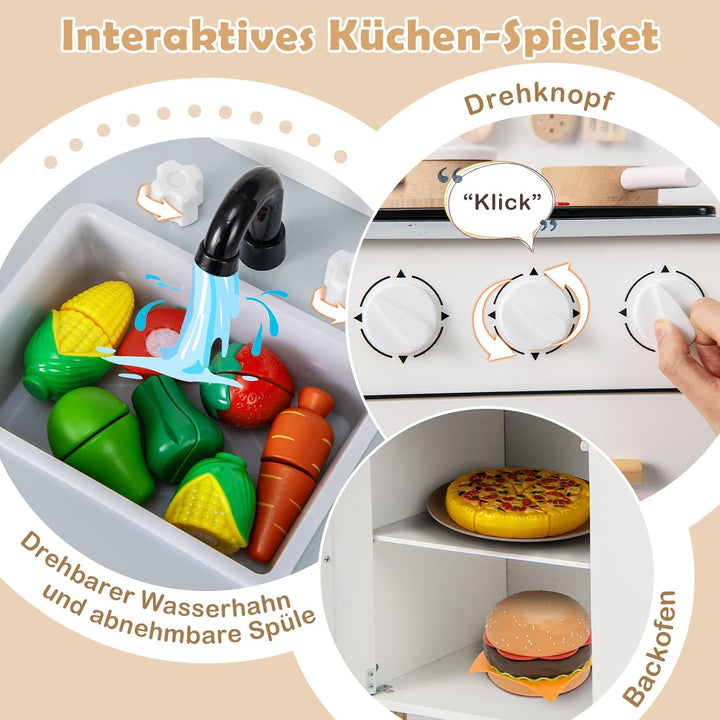 COSTWAY Kinderküche mit 10 Zubehör, Spielküche Holz mit Licht und Sound, Spielzeugküche mit Herd & S