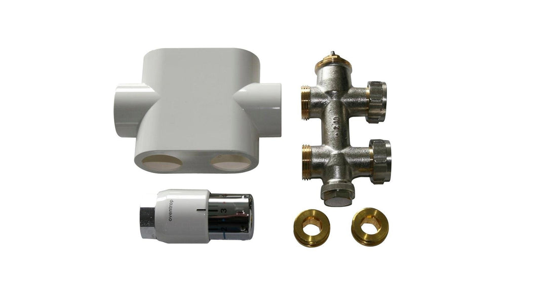 Heizkörper Mittelanschlussblock 1/2 Zoll DURCHGANG, SET inkl. Thermostat, FA. Oventrop, weiss