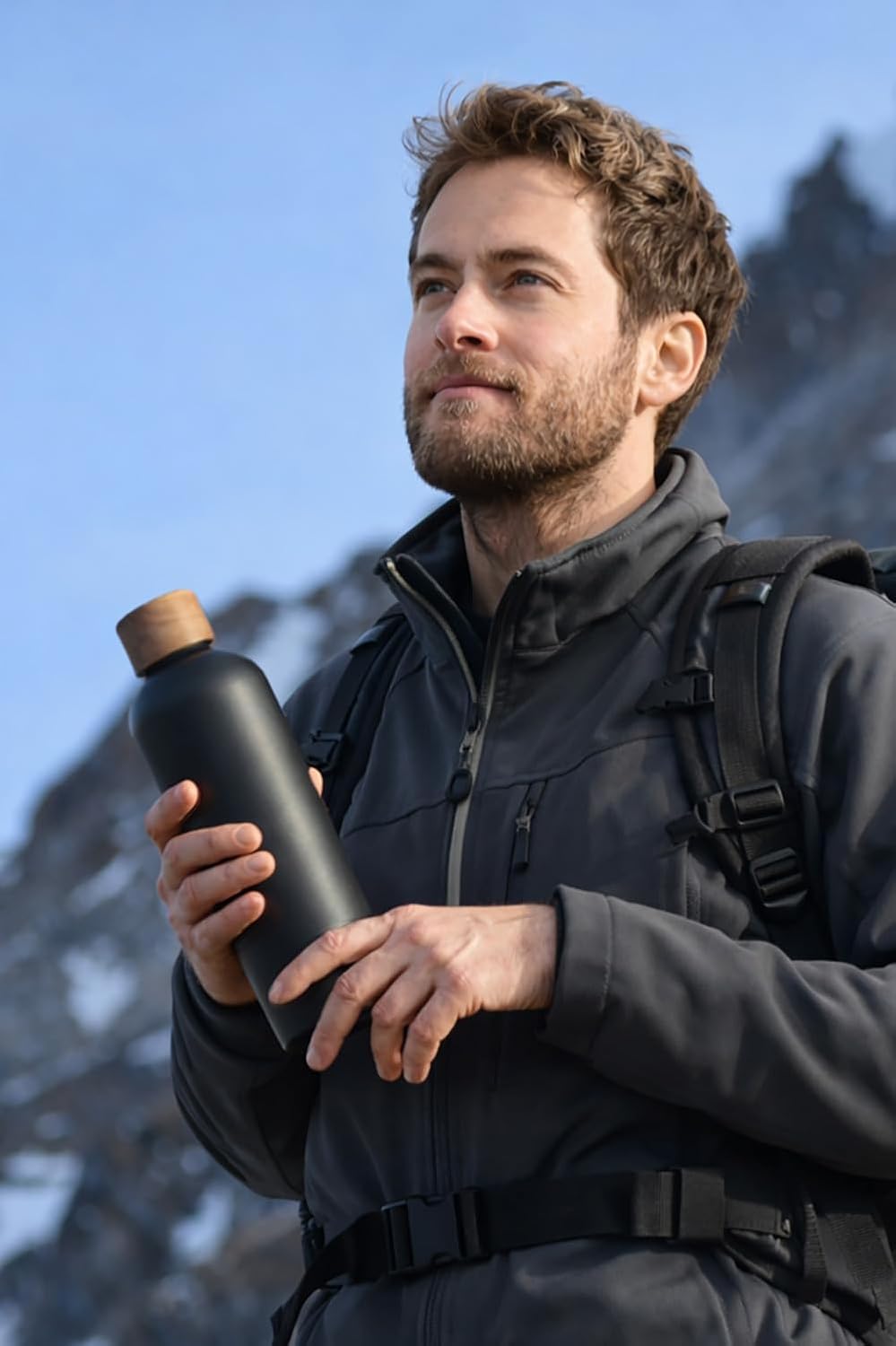 T&amp;N Edelstahl Trinkflasche 1 Liter, Thermosflasche 1l mit Akazienholz Deckel, Isolierte Wasserflasch