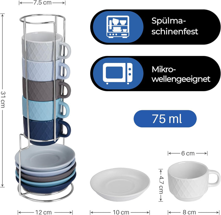 MIAMIO – 6 x 75 ml Espresso Tassen/Espressotassen Set mit Ständer Steingut Keramik - Palmanova Kolle
