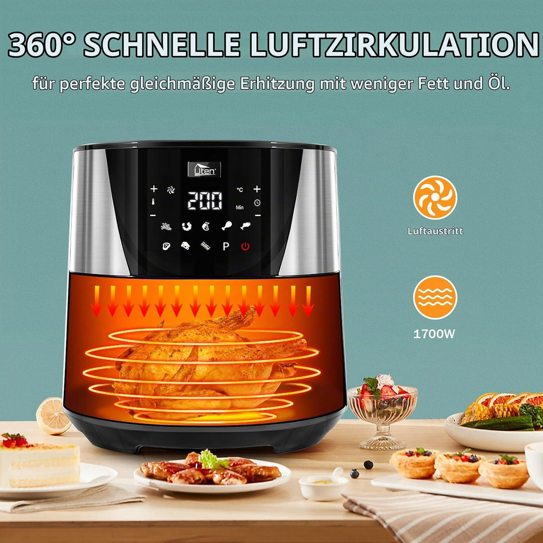Heissluftfritteuse, Uten 7,5L Airfryer XXL Heissluftfriteuse mit Digitalem LED-Touchscreen, 9 Vorein