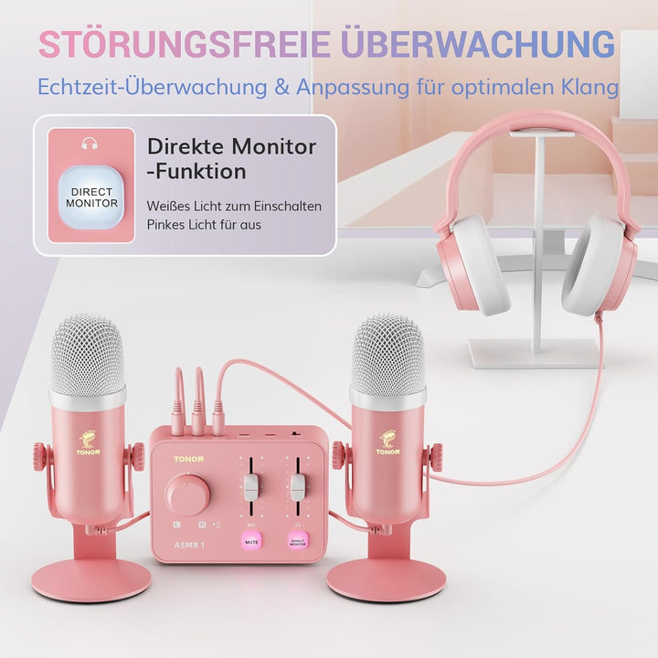 TONOR Podcast Mikrofon Set mit Audio Interface, ASMR Mikrofon, 2 Kondensatormikrofone, Audio Mixer,