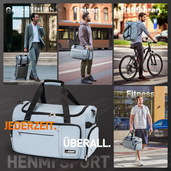 HENMI Sporttasche &amp; Reisetasche für Herren und Damen, 43L Gross gymbag mit Schuhfach und Nassfach, F