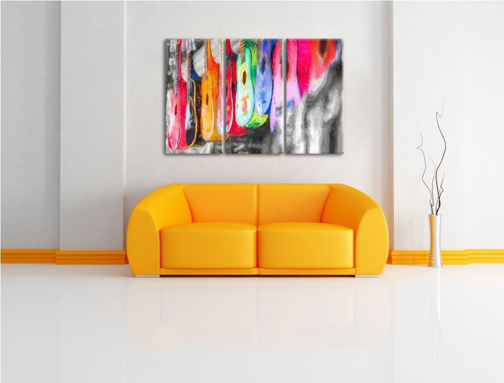 klassische Gitarren auf dem Markt schwarz/weiss Deluxe 3-Teiler Leinwandbild 120x80 Bild auf Leinwan