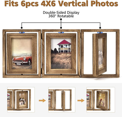 Emfogoo Bilderrahmen 10x15, Rustikal Holz 3 Falten Fotorahmen mit Doppelseitigem Display Drehbar Bil
