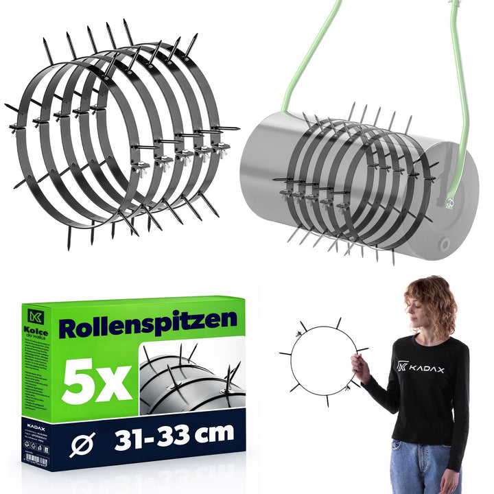 KADAX Spikeringe für Rasenwalze Ø 31–33 cm, 5er Set, Rasenlüfter Aufsatz mit 6 cm Langen Spikes aus
