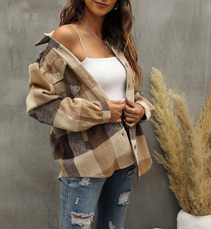 Timuspo Damen Flanell Karierte Hemdjacke Lange Ärmel Baumwolle Revers Button-Down-Bluse Shacket Mant