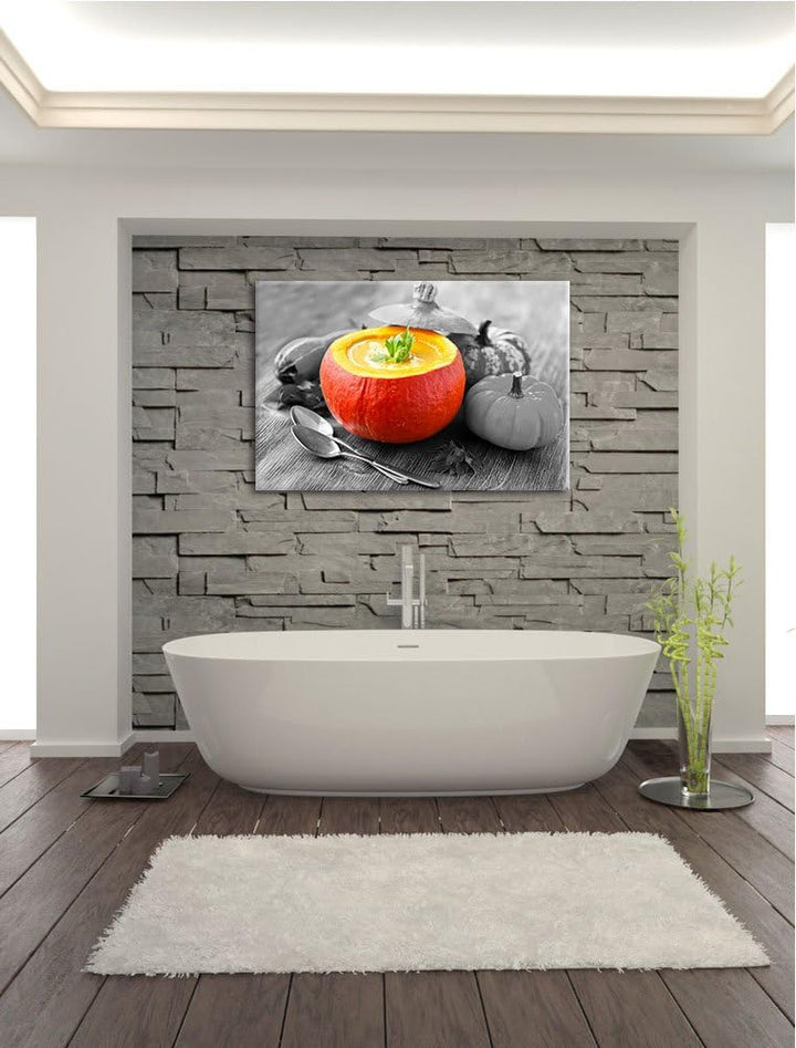 schmackhafte Kürbissuppe in Kürbis schwarz/weiss Format: 100x70 auf Leinwand, XXL riesige Bilder fer