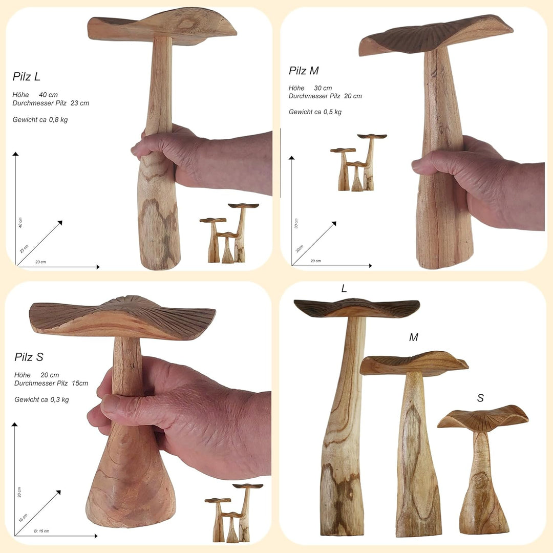 ART-CRAFT Naturnahe Holzpilz-Deko Set mit 3 handgeschnitzten Pilzen 40-30-20cm hoch - Für Balkon, Te