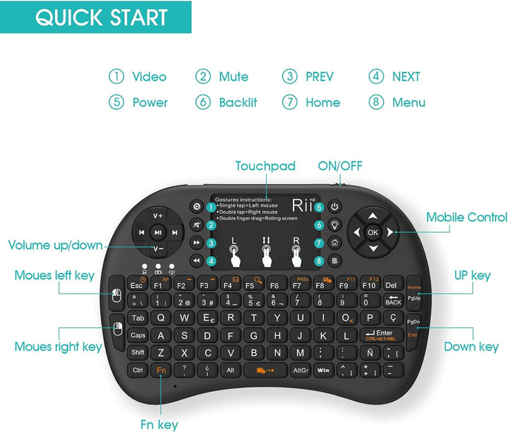 Rii Mini i8+ Wireless (Spanisch QWERTY) - Mini Tastatur mit Touchpad