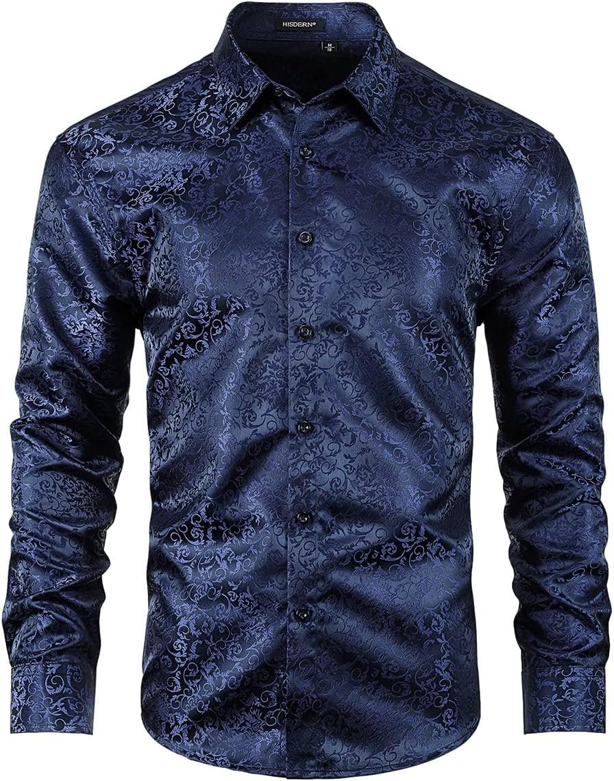 HISDERN Herren Paisley Hemd Langarm Satin Blumen Muster Hemd für Männer Jacquard Stickerei Freizeith