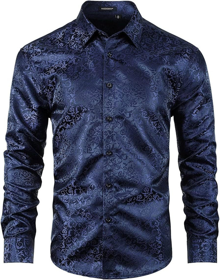 HISDERN Herren Paisley Hemd Langarm Satin Blumen Muster Hemd für Männer Jacquard Stickerei Freizeith