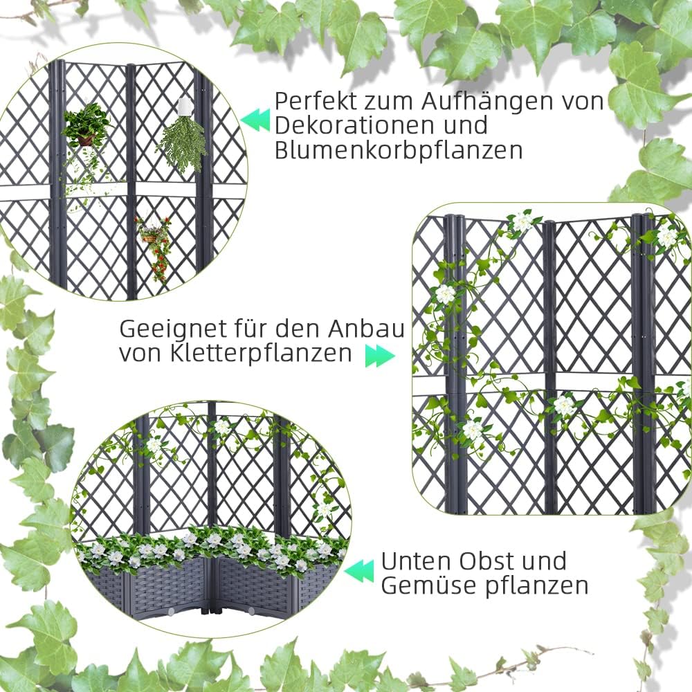 Mingone Rankgitter Hochbeet Pflanzgefäss Blumenkasten mit 3 Pflanzgefäss Wasserspeicher Balkonkasten
