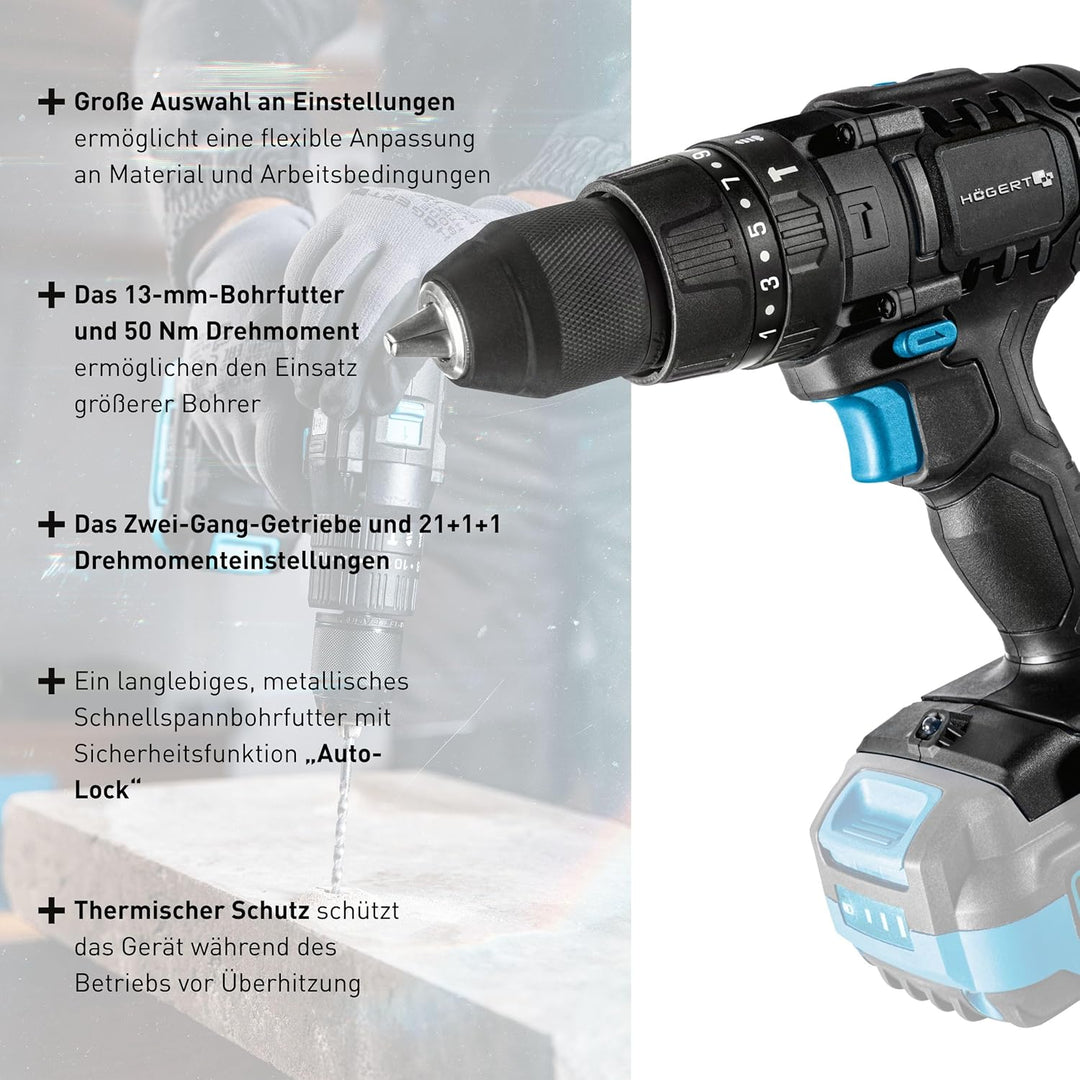 HÖGERT TECHNIK Akku-Schlagbohrschrauber 18V OneAccuSystem, 50 Nm, 13 mm Auto-Lock Bohrfutter, 21+1+1