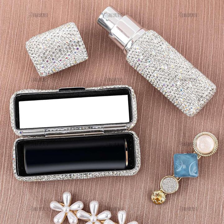 AUEAR, Metall-Lippenstift-Etui und Spiegel-Kristall-Parfümflaschen für Make-up-Tasche