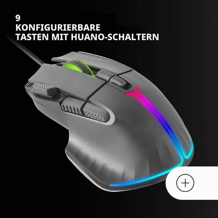 Mars Gaming MMXT, RGB-Gaming-Maus, Ergonomisches Design mit Daumenauflage, 12800DPI Optischer Sensor